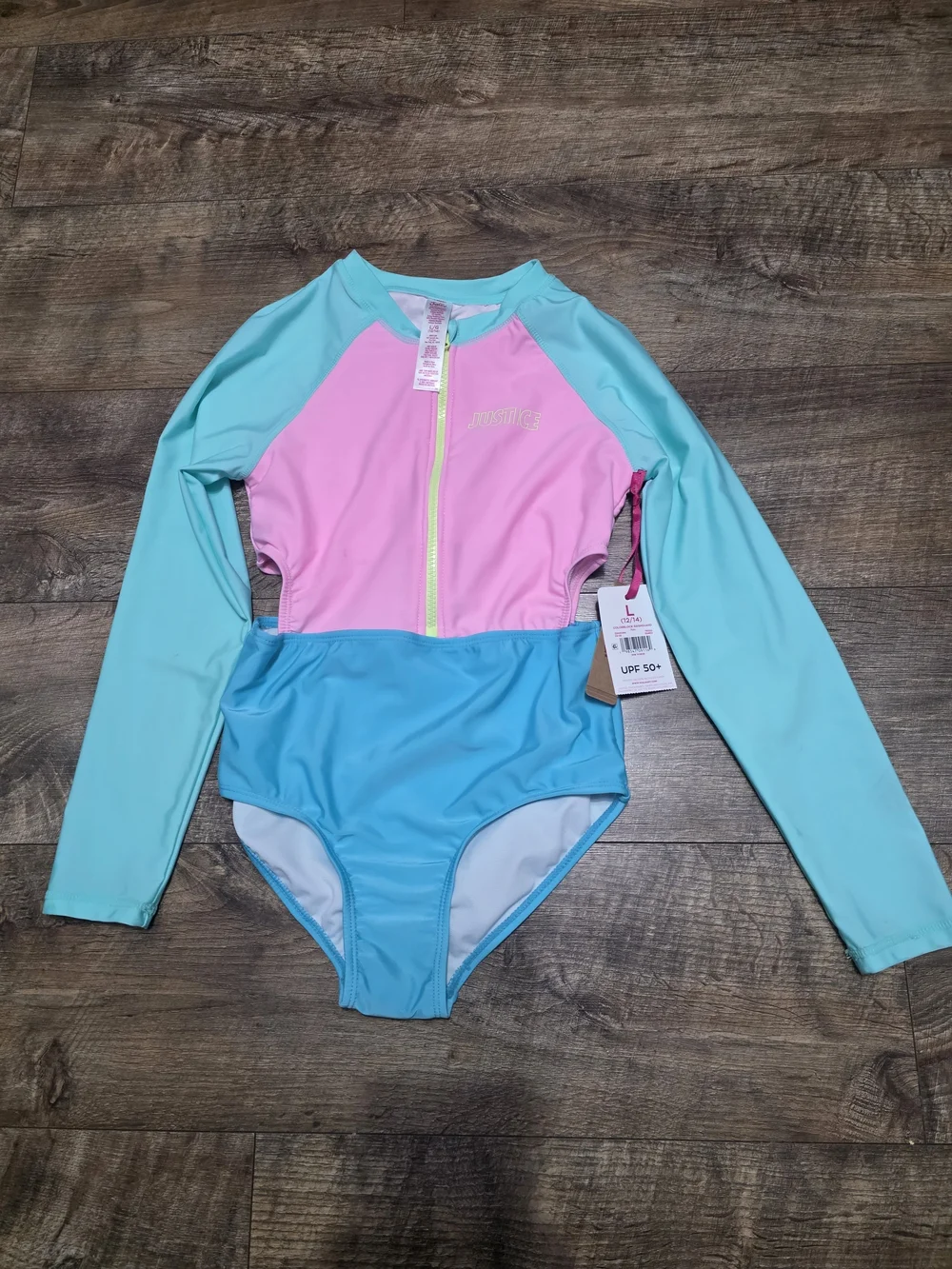 Justicr Long Sleeve Colorblock Rash Guard Swimsuit - Pink & Aqua Girls 14